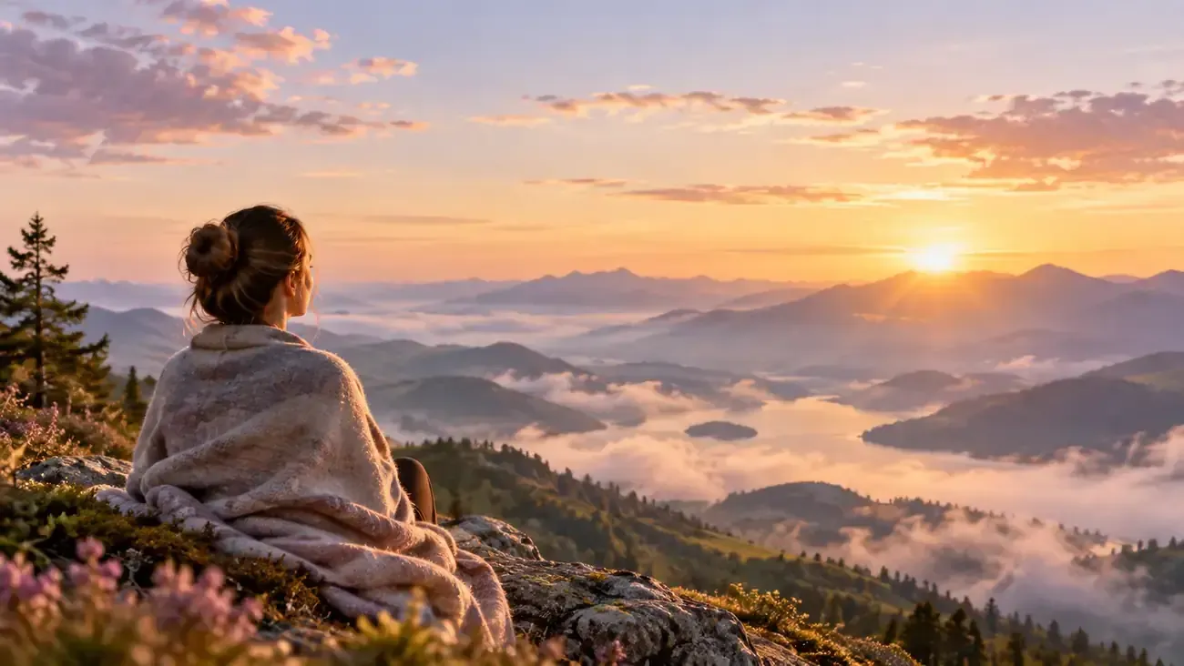 Woman overlooking mountains at sunrise
