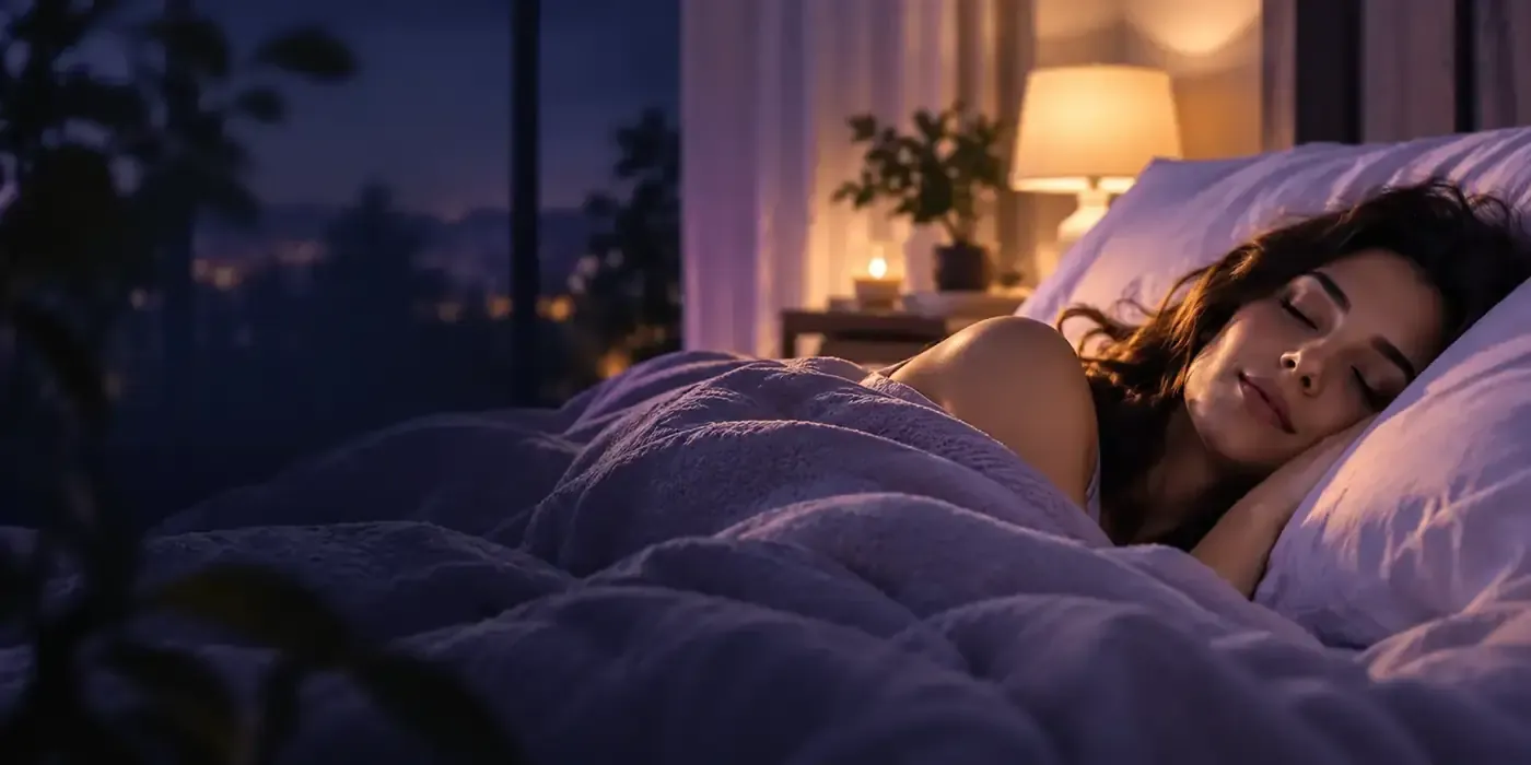 Woman sleeping peacefully in a warmly lit bedroom at night